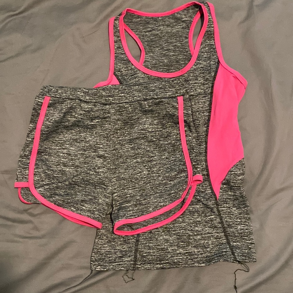 Cute Pink and Grey Workout Tank Top and Shorts Both Size Small